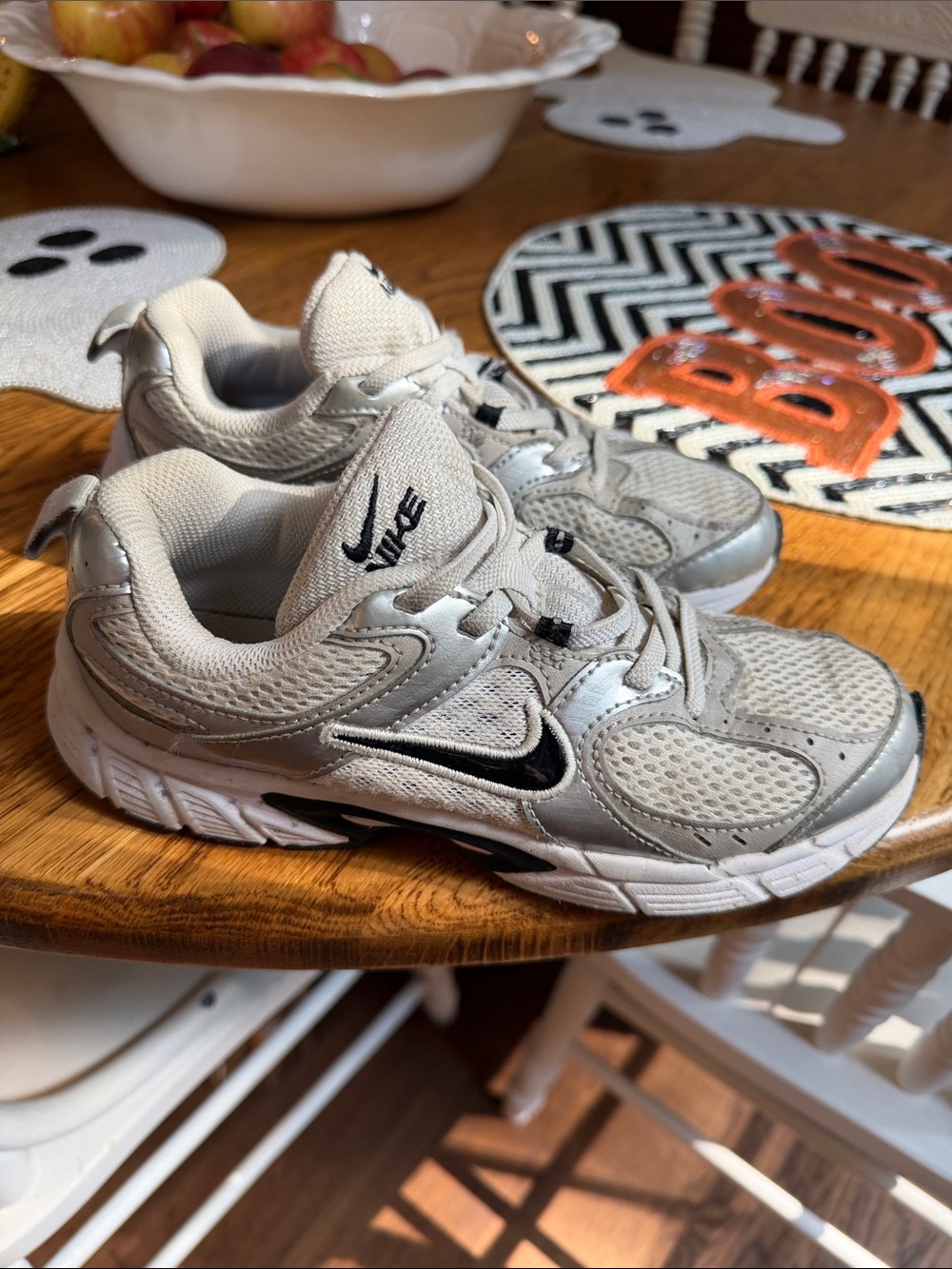 Nike Kids White and Silver Mesh Sneaker with Black Swoosh - Size 3